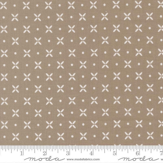 Image of Birch and Willow Orange Peel Stone quilting cotton fabric by Sherri & Chelsi for Moda Fabrics. Features dots and shapes on a gray background. Cute Little Fabric Shop.