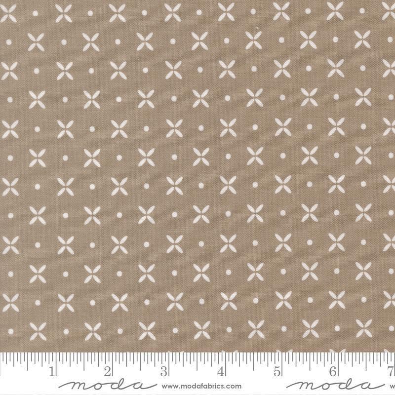 Image of Birch and Willow Orange Peel Stone quilting cotton fabric by Sherri & Chelsi for Moda Fabrics. Features dots and shapes on a gray background. Cute Little Fabric Shop.