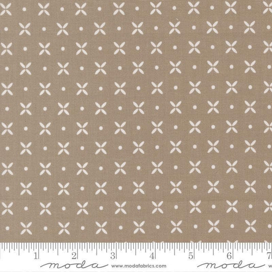 Image of Birch and Willow Orange Peel Stone quilting cotton fabric by Sherri & Chelsi for Moda Fabrics. Features dots and shapes on a gray background. Cute Little Fabric Shop.