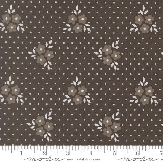 Image of Birch and Willow Autumn Charcoal quilting cotton fabric by Sherri & Chelsi for Moda Fabrics. Features flowers and dots on a black background. Cute Little Fabric Shop.
