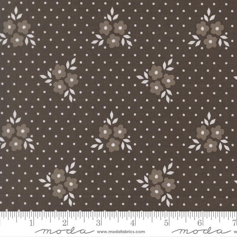 Image of Birch and Willow Autumn Charcoal quilting cotton fabric by Sherri & Chelsi for Moda Fabrics. Features flowers and dots on a black background. Cute Little Fabric Shop.
