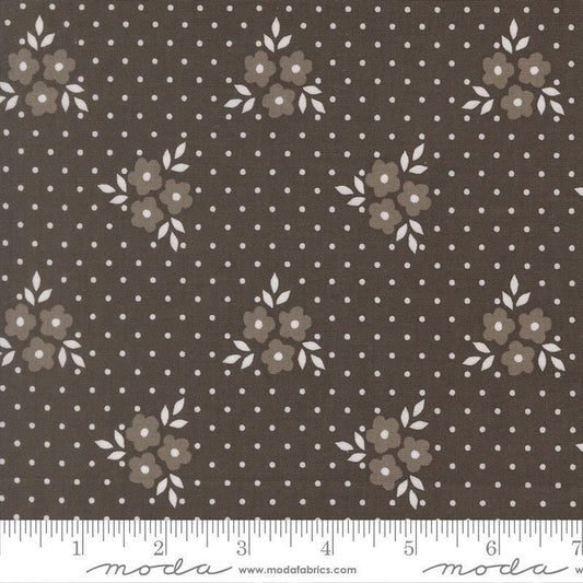 Image of Birch and Willow Autumn Charcoal quilting cotton fabric by Sherri & Chelsi for Moda Fabrics. Features flowers and dots on a black background. Cute Little Fabric Shop.