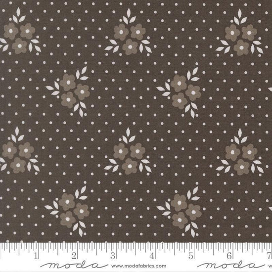Image of Birch and Willow Autumn Charcoal quilting cotton fabric by Sherri & Chelsi for Moda Fabrics. Features flowers and dots on a black background. Cute Little Fabric Shop.