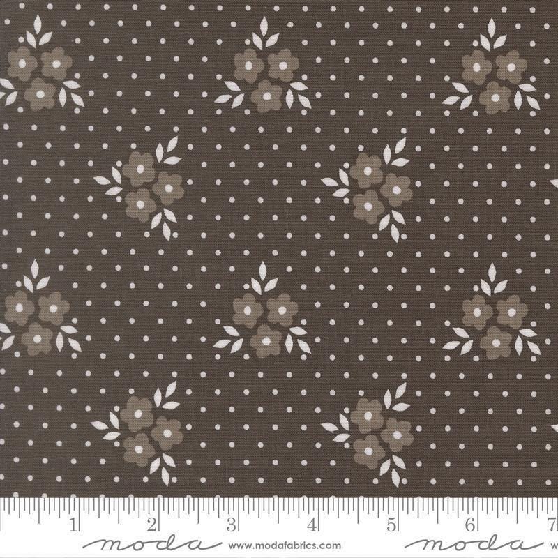 Image of Birch and Willow Autumn Charcoal quilting cotton fabric by Sherri & Chelsi for Moda Fabrics. Features flowers and dots on a black background. Cute Little Fabric Shop.