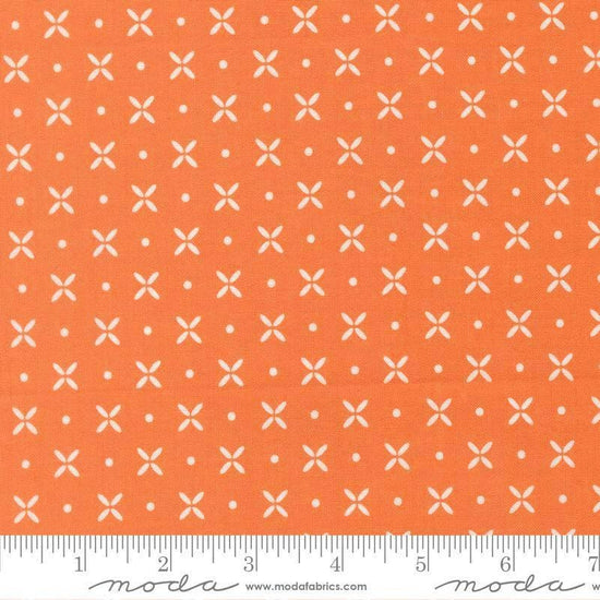 Image of Birch and Willow Orange Peel Pumpkin quilting cotton fabric by Sherri & Chelsi for Moda Fabrics. Features dots and shapes on an orange background. Cute Little Fabric Shop.