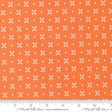Image of Birch and Willow Orange Peel Pumpkin quilting cotton fabric by Sherri & Chelsi for Moda Fabrics. Features dots and shapes on an orange background. Cute Little Fabric Shop.