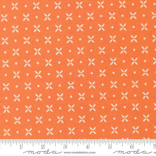 Image of Birch and Willow Orange Peel Pumpkin quilting cotton fabric by Sherri & Chelsi for Moda Fabrics. Features dots and shapes on an orange background. Cute Little Fabric Shop.