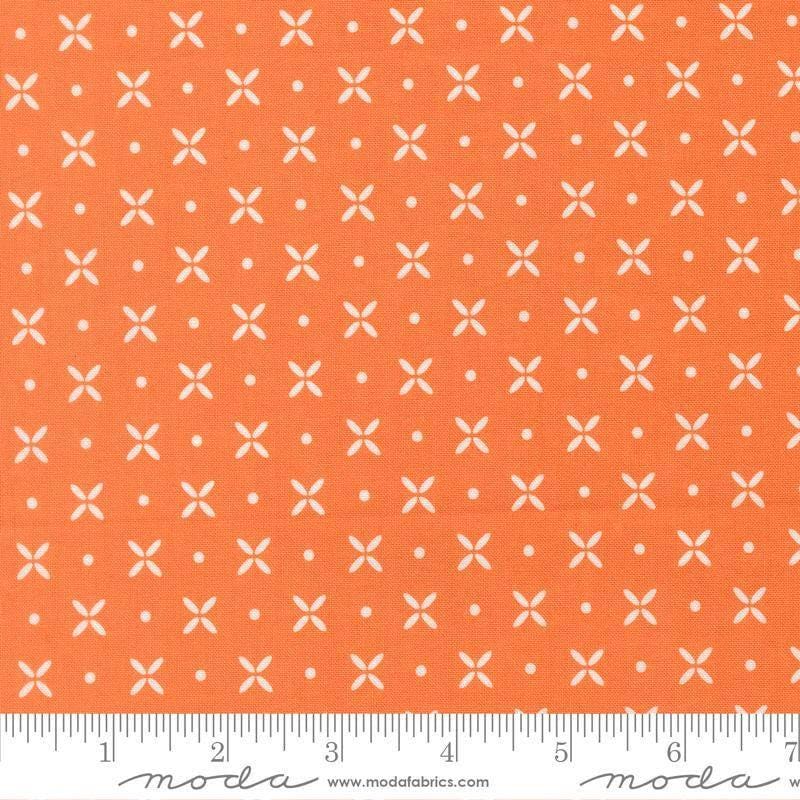 Image of Birch and Willow Orange Peel Pumpkin quilting cotton fabric by Sherri & Chelsi for Moda Fabrics. Features dots and shapes on an orange background. Cute Little Fabric Shop.