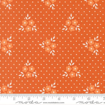 Image of Birch and Willow Autumn Spice quilting cotton fabric by Sherri & Chelsi for Moda Fabrics. Features flowers and dots on an orange background. Cute Little Fabric Shop.