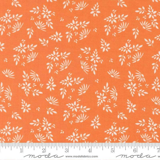 Image of Birch and Willow Flora Pumpkin quilting cotton fabric by Sherri & Chelsi for Moda Fabrics. Features leaves on an orange background. Cute Little Fabric Shop.