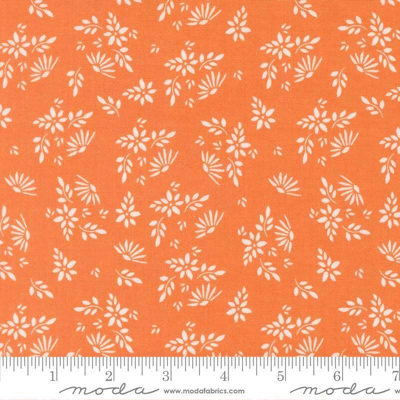 Image of Birch and Willow Flora Pumpkin quilting cotton fabric by Sherri & Chelsi for Moda Fabrics. Features leaves on an orange background. Cute Little Fabric Shop.