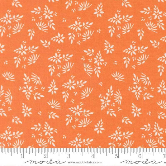 Image of Birch and Willow Flora Pumpkin quilting cotton fabric by Sherri & Chelsi for Moda Fabrics. Features leaves on an orange background. Cute Little Fabric Shop.