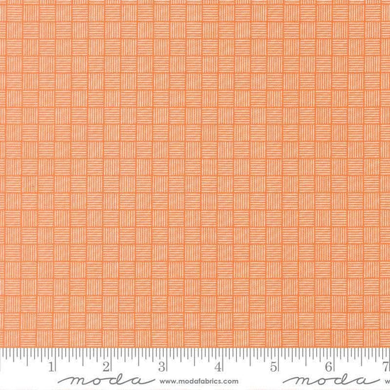Image of Birch and Willow Crosshatch Pumpkin quilting cotton fabric by Sherri & Chelsi for Moda Fabrics. Features squares on an orange background. Cute Little Fabric Shop.