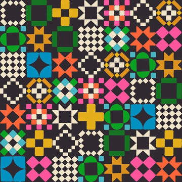 Image of 1 800 Notion Quilty As Charged Soft Black quilting cotton fabric by Ruby Star Society for Moda Fabrics. Features a geometric pattern on a black background. Cute Little Fabrics Shop.