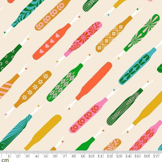 Image of 1 800 Notion Seam Rippers Shell quilting cotton fabric by Ruby Star Society for Moda Fabrics. Features sewing accessories on a cream background. Cute Little Fabrics Shop.