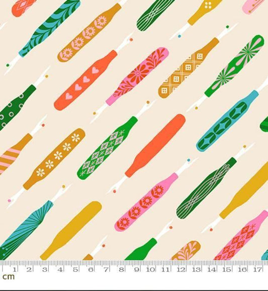 Image of 1 800 Notion Seam Rippers Shell quilting cotton fabric by Ruby Star Society for Moda Fabrics. Features sewing accessories on a cream background. Cute Little Fabrics Shop.