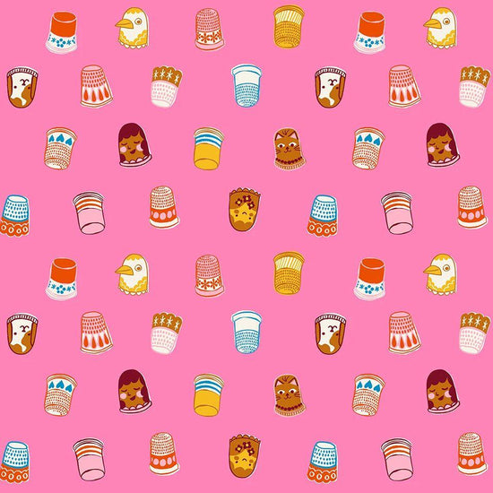 Image of 1 800 Notion Thimbles Flamingo quilting cotton fabric by Ruby Star Society for Moda Fabrics. Features sewing accessories on a pink background. Cute Little Fabrics Shop.