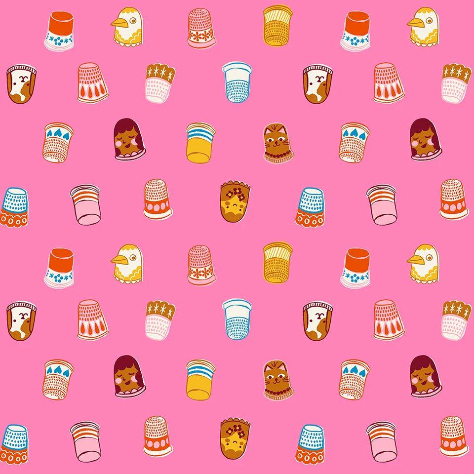 Image of 1 800 Notion Thimbles Flamingo quilting cotton fabric by Ruby Star Society for Moda Fabrics. Features sewing accessories on a pink background. Cute Little Fabrics Shop.