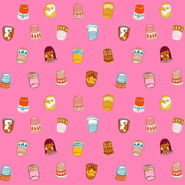 Image of 1 800 Notion Thimbles Flamingo quilting cotton fabric by Ruby Star Society for Moda Fabrics. Features sewing accessories on a pink background. Cute Little Fabrics Shop.