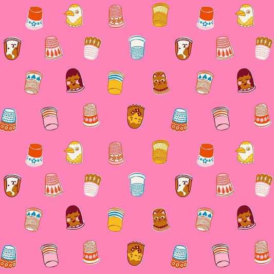 Image of 1 800 Notion Thimbles Flamingo quilting cotton fabric by Ruby Star Society for Moda Fabrics. Features sewing accessories on a pink background. Cute Little Fabrics Shop.