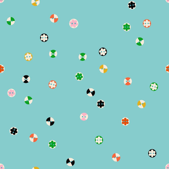 Image of 1 800 Notion Buttons Cloudless quilting cotton fabric by Ruby Star Society for Moda Fabrics. Features sewing accessories on a blue background. Cute Little Fabrics Shop.