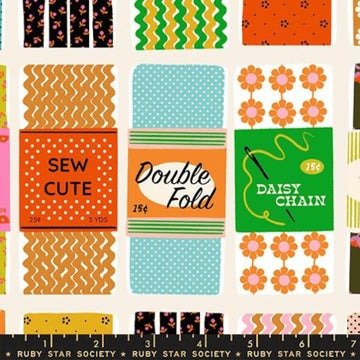 Image of 1 800 Notion Sew Cute Shell quilting cotton fabric by Ruby Star Society for Moda Fabrics. Features sewing accessories on a cream background. Cute Little Fabrics Shop.