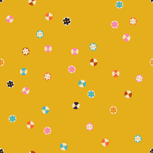 Image of 1 800 Notion Buttons Goldenrod quilting cotton fabric by Ruby Star Society for Moda Fabrics. Features sewing accessories on a yellow background. Cute Little Fabrics Shop.