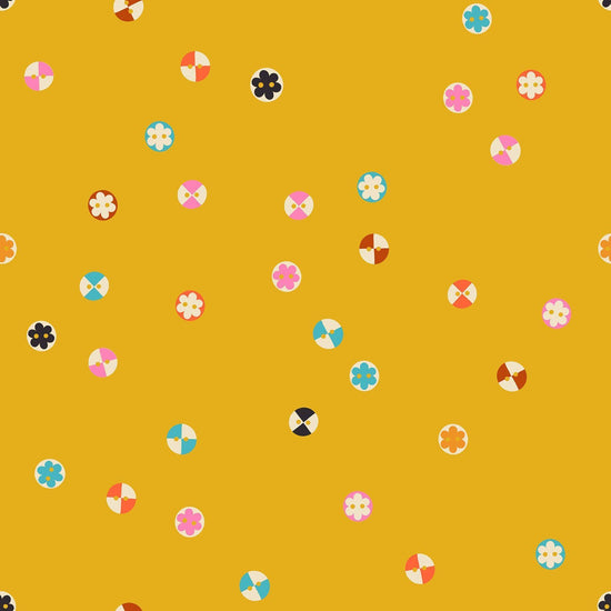 Image of 1 800 Notion Buttons Goldenrod quilting cotton fabric by Ruby Star Society for Moda Fabrics. Features sewing accessories on a yellow background. Cute Little Fabrics Shop.
