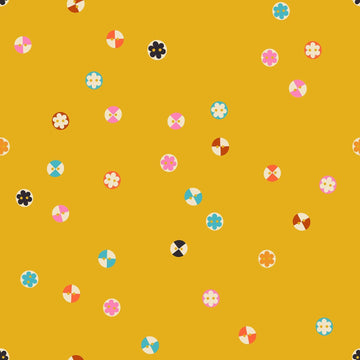 Image of 1 800 Notion Buttons Goldenrod quilting cotton fabric by Ruby Star Society for Moda Fabrics. Features sewing accessories on a yellow background. Cute Little Fabrics Shop.