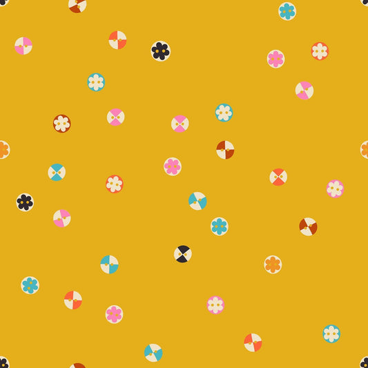 Image of 1 800 Notion Buttons Goldenrod quilting cotton fabric by Ruby Star Society for Moda Fabrics. Features sewing accessories on a yellow background. Cute Little Fabrics Shop.