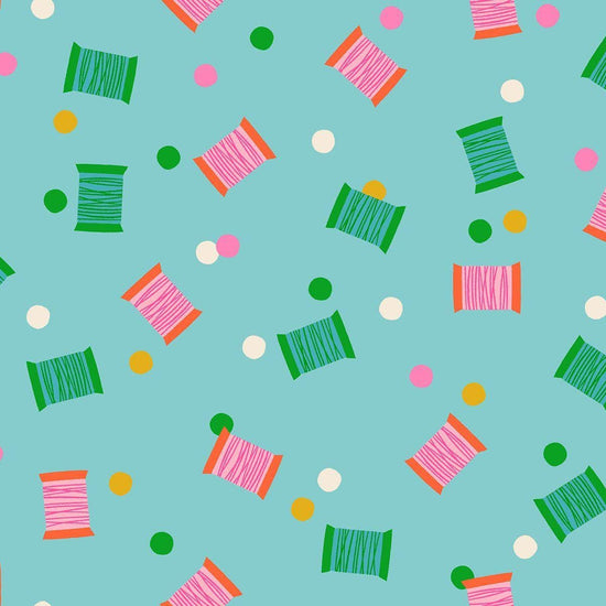 Image of 1 800 Notion Spools Cloudless quilting cotton fabric by Ruby Star Society for Moda Fabrics. Features sewing accessories on a blue background. Cute Little Fabrics Shop.