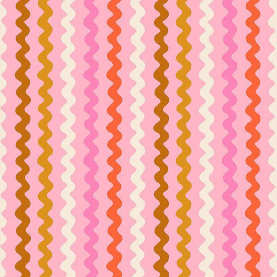 Image of 1 800 Notion Ric Rac Posy quilting cotton fabric by Ruby Star Society for Moda Fabrics. Features sewing accessories on a pink background. Cute Little Fabrics Shop.