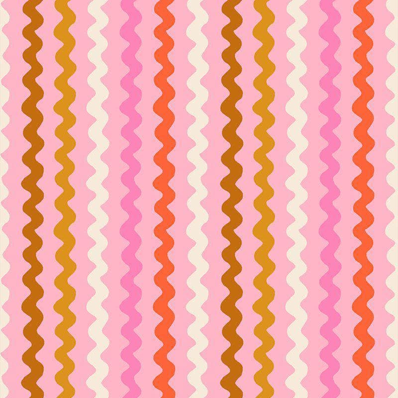 Image of 1 800 Notion Ric Rac Posy quilting cotton fabric by Ruby Star Society for Moda Fabrics. Features sewing accessories on a pink background. Cute Little Fabrics Shop.