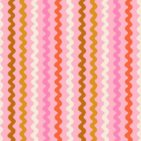 Image of 1 800 Notion Ric Rac Posy quilting cotton fabric by Ruby Star Society for Moda Fabrics. Features sewing accessories on a pink background. Cute Little Fabrics Shop.