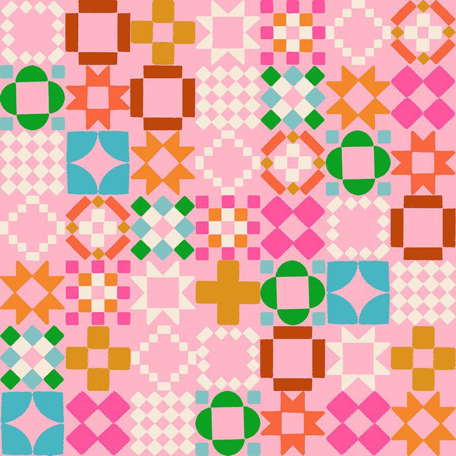 Image of 1 800 Notion Quilty As Charged Posy quilting cotton fabric by Ruby Star Society for Moda Fabrics. Features sewing accessories on a pink background. Cute Little Fabrics Shop.