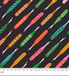 Image of 1 800 Notion Seam Rippers Soft Black quilting cotton fabric by Ruby Star Society for Moda Fabrics. Features sewing accessories on a black background. Cute Little Fabrics Shop.