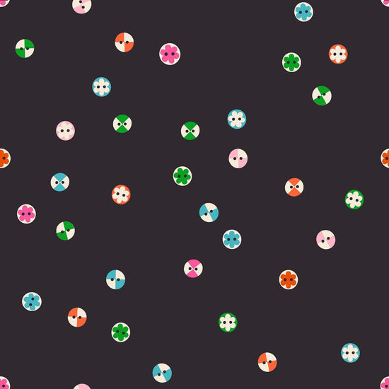 Image of 1 800 Notion Button Soft Black quilting cotton fabric by Ruby Star Society for Moda Fabrics. Features sewing accessories on a black background. Cute Little Fabrics Shop.