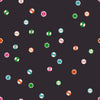 Image of 1 800 Notion Button Soft Black quilting cotton fabric by Ruby Star Society for Moda Fabrics. Features sewing accessories on a black background. Cute Little Fabrics Shop.