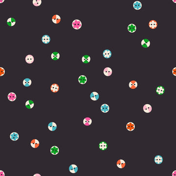 Image of 1 800 Notion Button Soft Black quilting cotton fabric by Ruby Star Society for Moda Fabrics. Features sewing accessories on a black background. Cute Little Fabrics Shop.