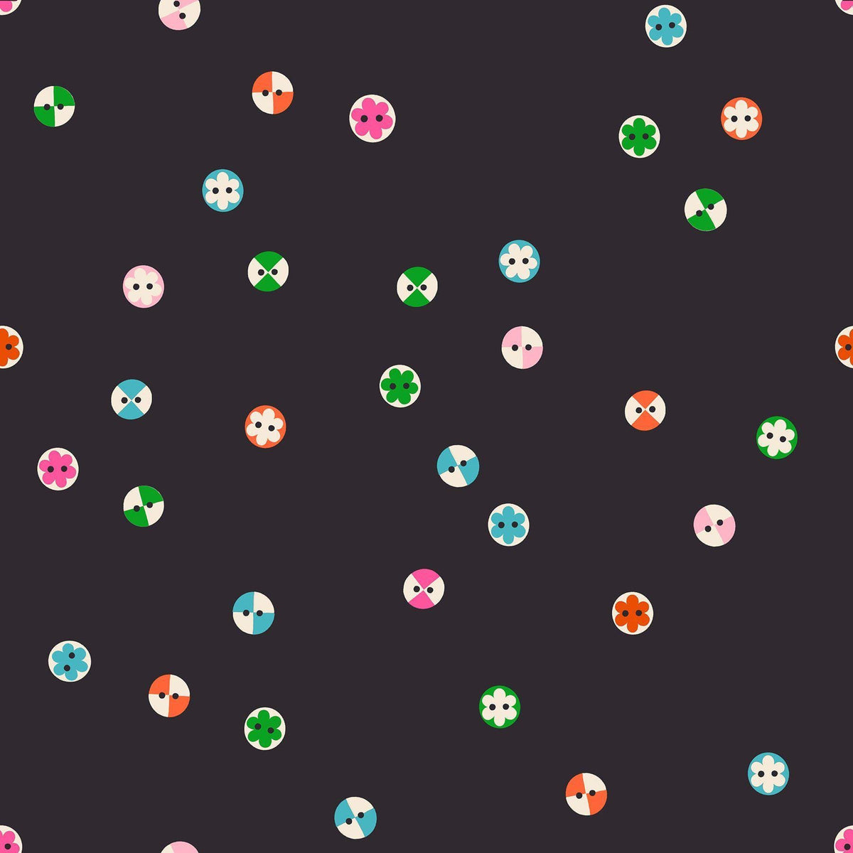 Image of 1 800 Notion Button Soft Black quilting cotton fabric by Ruby Star Society for Moda Fabrics. Features sewing accessories on a black background. Cute Little Fabrics Shop.
