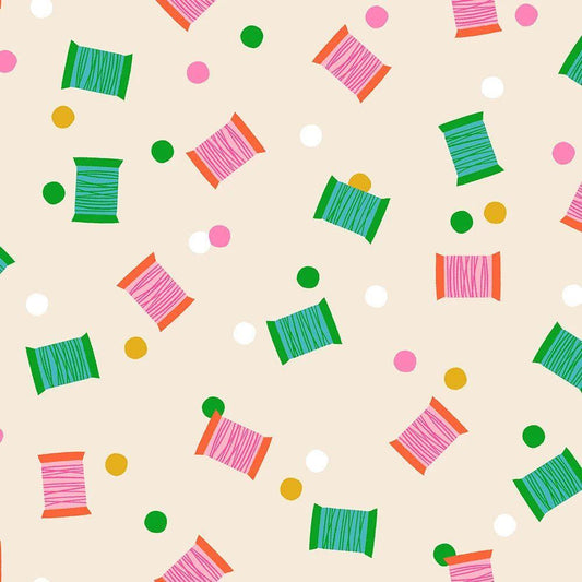 Image of 1 800 Notion Spools Shell quilting cotton fabric by Ruby Star Society for Moda Fabrics. Features sewing accessories on a cream background. Cute Little Fabrics Shop.