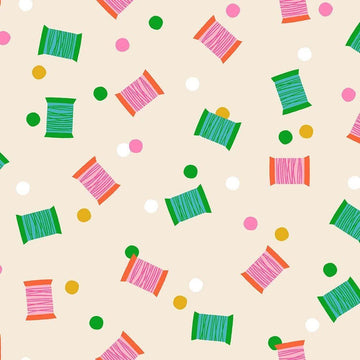 Image of 1 800 Notion Spools Shell quilting cotton fabric by Ruby Star Society for Moda Fabrics. Features sewing accessories on a cream background. Cute Little Fabrics Shop.