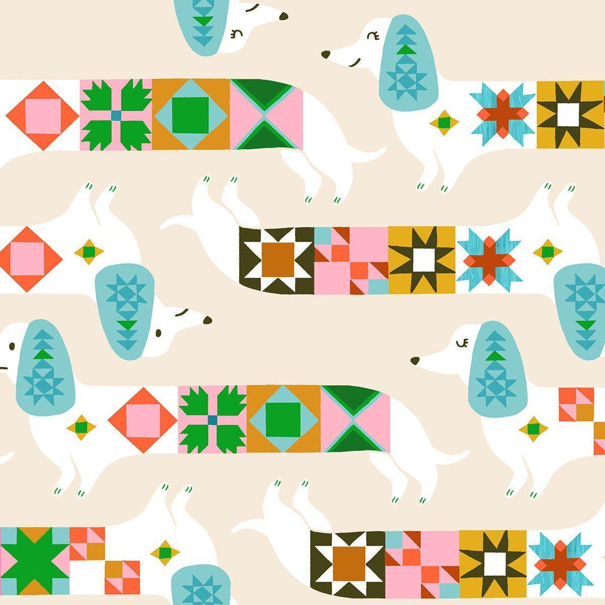 Image of 1 800 Notion Quilty Dogs Shell quilting cotton fabric by Ruby Star Society for Moda Fabrics. Features geometric dogs on a cream background. Cute Little Fabrics Shop.