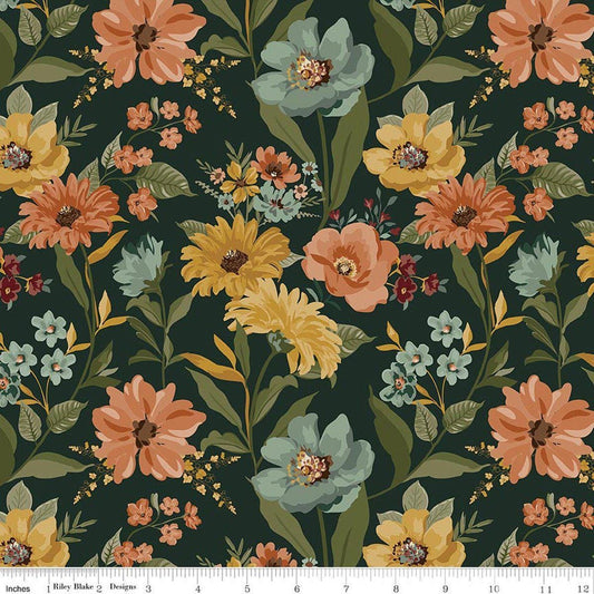Image of Worth Repeating Main Dark Green quilting cotton fabric by Sandy Gervais for Riley Blake Designs. Features flowers on a green background. Cute Little Fabric Shop.
