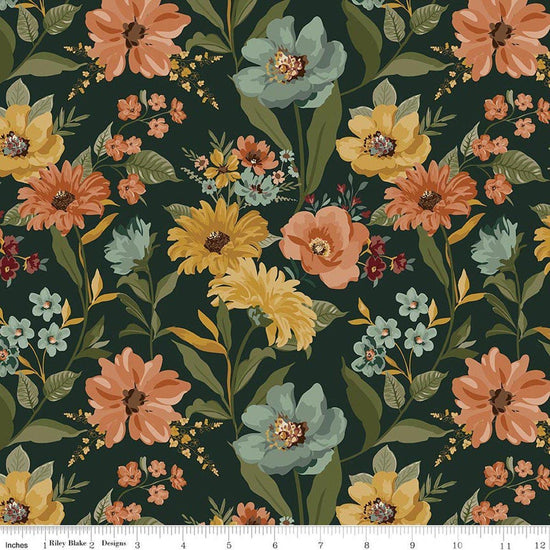 Image of Worth Repeating Main Dark Green quilting cotton fabric by Sandy Gervais for Riley Blake Designs. Features flowers on a green background. Cute Little Fabric Shop.