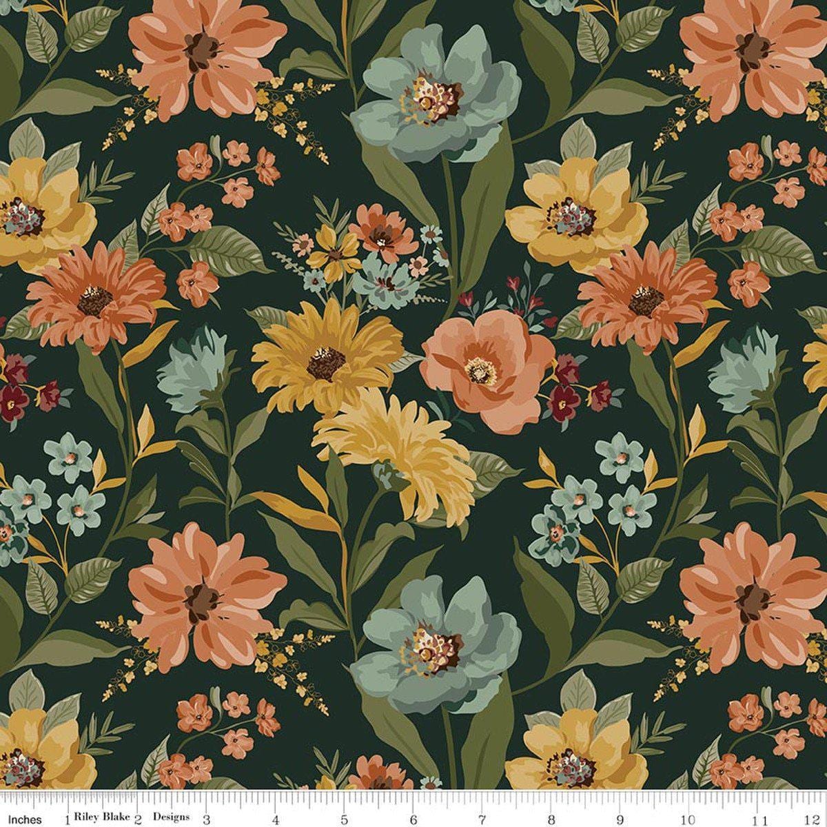Image of Worth Repeating Main Dark Green quilting cotton fabric by Sandy Gervais for Riley Blake Designs. Features flowers on a green background. Cute Little Fabric Shop.