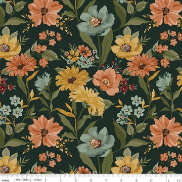 Image of Worth Repeating Main Dark Green quilting cotton fabric by Sandy Gervais for Riley Blake Designs. Features flowers on a green background. Cute Little Fabric Shop.
