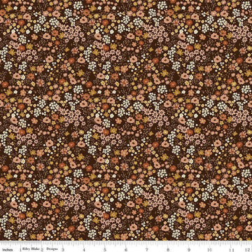 Image of Worth Repeating Flower Garden Coffee quilting cotton fabric by Sandy Gervais for Riley Blake Designs. Features flowers on a brown background. Cute Little Fabric Shop.