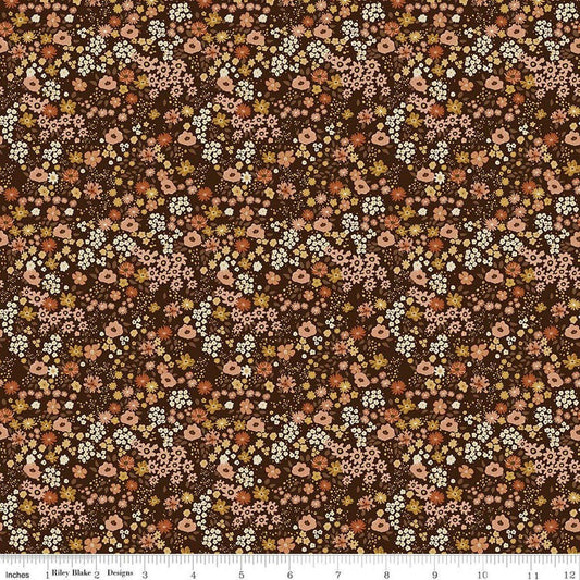 Image of Worth Repeating Flower Garden Coffee quilting cotton fabric by Sandy Gervais for Riley Blake Designs. Features flowers on a brown background. Cute Little Fabric Shop.