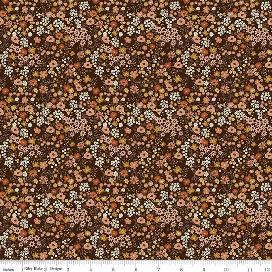 Image of Worth Repeating Flower Garden Coffee quilting cotton fabric by Sandy Gervais for Riley Blake Designs. Features flowers on a brown background. Cute Little Fabric Shop.